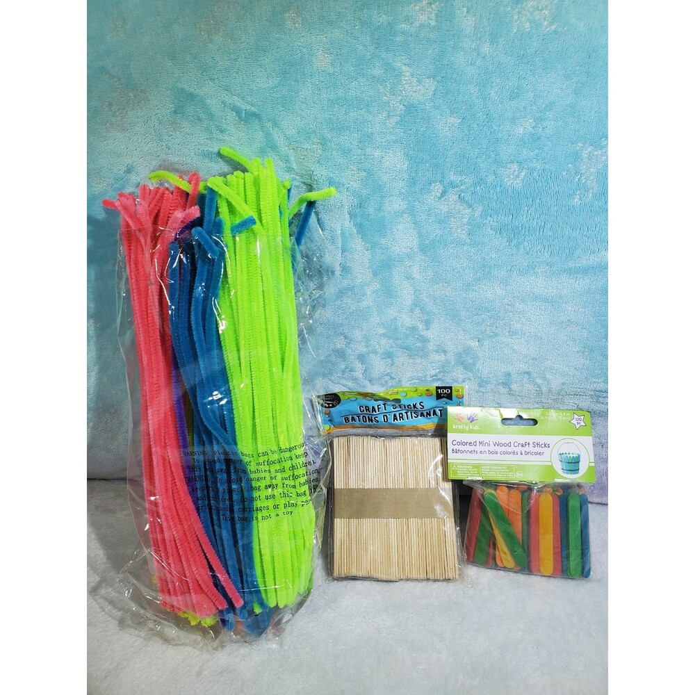 Assorted Colored Plain Craft Sticks And Multi-Colored Neon Fuzz Straws Mixed LOT